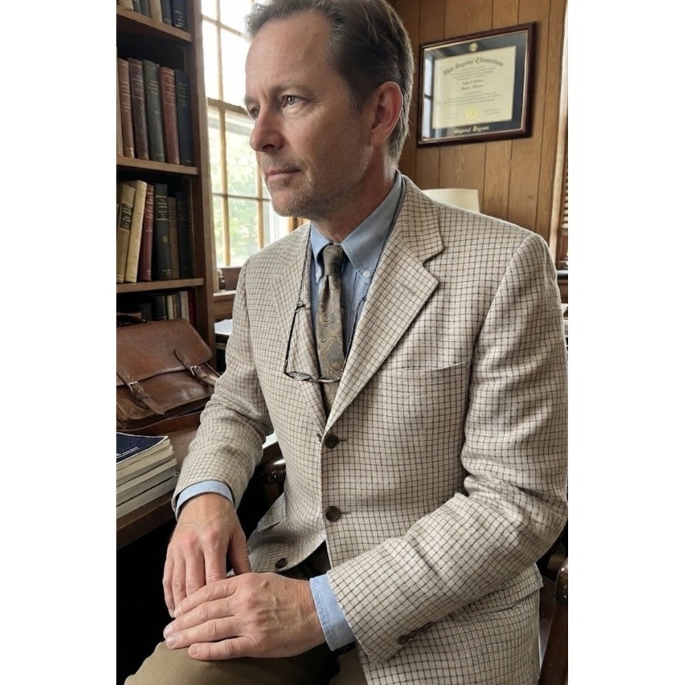 Vintage J. Crew Oarsman Linen Blazer Beige Check USA Mens Sz 42R Preppy Academia